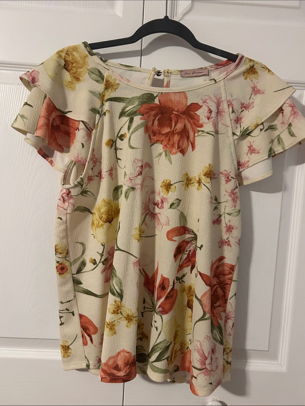 Floral Ruffle Shoulder Top - Cream with Coral & Yellow Blooms